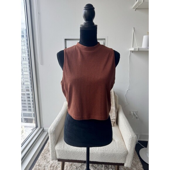 SHEIN Tops - Shein Brown Mock Neck Ribbed Sleeveless Crop Top Size 2XL NEW